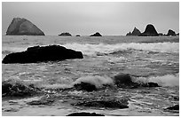 Seastacks and surf in foggy weather, Hidden Beach. Redwood National Park ( black and white)