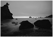 Rocks and seastacks, cloudy sunset, Hidden Beach. Redwood National Park ( black and white)