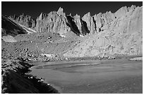 Frozen Trail Camp Pond and Mt Whitney chain. Sequoia National Park ( black and white)