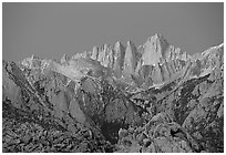Alabama hills and Mt Whitney, dawn. Sequoia National Park, California, USA. (black and white)