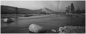 Tuolumne Meadows, Lembert Dome, and rainbow, storm clearing at sunset. Yosemite National Park (Panoramic black and white)