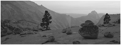 Glacial polish and erratics, Clouds Rest and Half Dome, sunset. Yosemite National Park (Panoramic black and white)