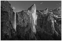Bridalveil falls and Leaning Tower, sunset. Yosemite National Park, California, USA. (black and white)