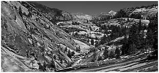Smooth granite scenery in the Upper Merced River Canyon. Yosemite National Park (Panoramic black and white)
