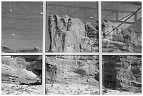 Sandstone walls, Visitor Center window reflexion. Arches National Park, Utah, USA. (black and white)