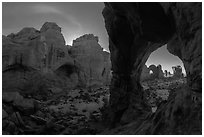 Cove of Arches and Cove Arch at night. Arches National Park, Utah, USA. (black and white)