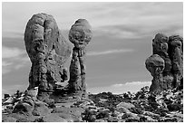 Balanced formations in Garden of Eden. Arches National Park, Utah, USA. (black and white)