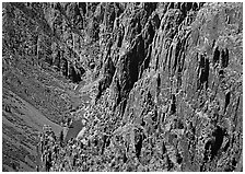 Rock spires and Gunisson River from above. Black Canyon of the Gunnison National Park, Colorado, USA. (black and white)
