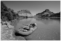 Raft on banks of the Colorado River. Canyonlands National Park, Utah, USA. (black and white)