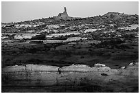Maze and Chimney Rock at sunset, land of Standing rocks. Canyonlands National Park, Utah, USA. (black and white)