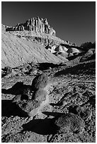 Balsalt Boulders and Wingate Sandstone crags of the Castle. Capitol Reef National Park, Utah, USA. (black and white)