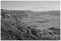 Upper Desert overlook, Cathedral Valley, mid-day. Capitol Reef National Park, Utah, USA. (black and white)
