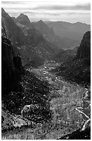 Zion Canyon from  summit of Angel's landing, mid-day. Zion National Park ( black and white)
