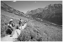 Group hiking on the Grinnell Glacier trail. Glacier National Park, Montana, USA. (black and white)