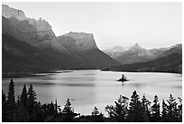 St Mary Lake, Lewis Range, sunrise. Glacier National Park, Montana, USA. (black and white)