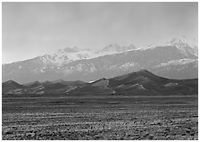 Flats, sand dunes, and snowy Sangre de Christo mountains. Great Sand Dunes National Park, Colorado, USA. (black and white)