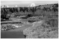 Stream, with Mt Moran emerging from ridige, late fall. Grand Teton National Park ( black and white)