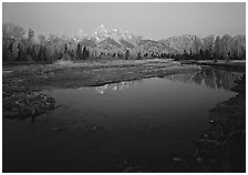 Teton range reflected in water at Schwabacher Landing, sunrise. Grand Teton National Park ( black and white)