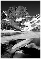 Ice break-up in Emerald Lake and Hallet Peak, early summer. Rocky Mountain National Park ( black and white)