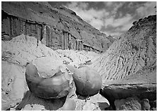 Big cannon ball formations in eroded badlands, North Unit. Theodore Roosevelt National Park, North Dakota, USA. (black and white)