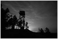 Lookout tower at dusk, Rankin Ridge. Wind Cave National Park, South Dakota, USA. (black and white)