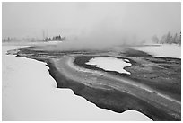 Mirror Pool, snow and steam. Yellowstone National Park ( black and white)