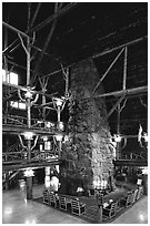 Chimney in main hall of Old Faithful Inn. Yellowstone National Park, Wyoming, USA. (black and white)