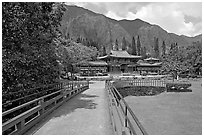 Bridge and Byodo-In Temple, morning. Oahu island, Hawaii, USA (black and white)