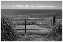 Gate, field, and Ocean. Big Island, Hawaii, USA (black and white)