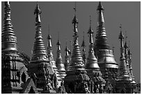 Skyline dominated by spires, Shwedagon Paya. Yangon, Myanmar (black and white)