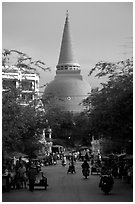 Phra Pathom Chedi  dominating the town skyline. Nakkhon Pathom, Thailand (black and white)