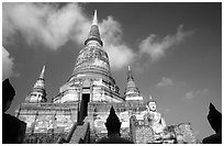 Wat Chai Mongkon and buddhas. Ayuthaya, Thailand (black and white)