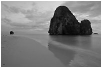 Happy Island reflected on beach, Railay. Krabi Province, Thailand (black and white)