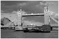 Barges and Tower Bridge. London, England, United Kingdom (black and white)