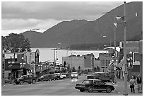 Main street and Resurrection Bay, evening. Seward, Alaska, USA (black and white)