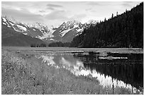 Chugatch Mountains reflected in pond near Portage. Alaska, USA (black and white)