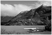 Floatplane, Lake, and mountains. Alaska, USA (black and white)