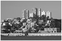 Telegraph Hill and Coit Tower seen from Treasure Island, early morning. San Francisco, California, USA (black and white)