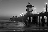 Huntington Pier lights at twilight. Huntington Beach, Orange County, California, USA (black and white)
