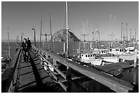 People walking on a deck in the harbor. Morro Bay, USA ( black and white)