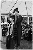 Professor confers doctoral scarf to student. Stanford University, California, USA (black and white)