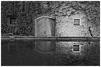 Ivy-covered facade reflected in pool at night. Napa Valley, California, USA (black and white)