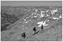 Hikers below Round Top Mountain. Mokelumne Wilderness, Eldorado National Forest, California, USA ( black and white)