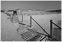 Fallen sand fence and footprints, Cape Cod National Seashore. Cape Cod, Massachussets, USA (black and white)