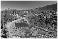 Pond at the edge of lava flow. Newberry Volcanic National Monument, Oregon, USA ( black and white)