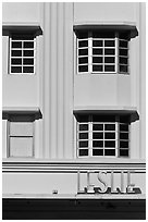 Detail of boxy Art Deco facade, Miami Beach. Florida, USA (black and white)