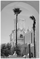 Arch and North Court, San Xavier del Bac Mission (the White Dove of the Desert). Tucson, Arizona, USA (black and white)