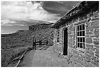 West Cabin and Vermillion Cliffs. Pipe Spring National Monument, Arizona, USA (black and white)