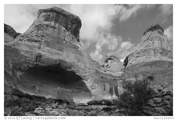 Saddlehorn Pueblo with spire of rock above the alcove. Canyon of the Ancients National Monument, Colorado, USA (black and white)