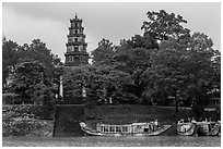 Phuoc Duyen Tower seen from river. Hue, Vietnam (black and white)